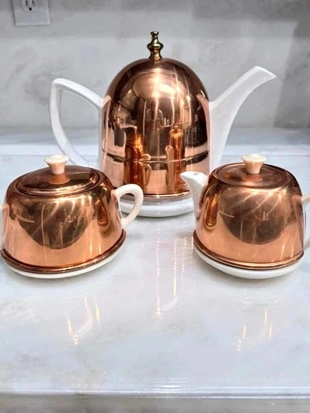 Vintage Copper & White Ceramic Tea Set Teapot Sugar Creamer Mid Century